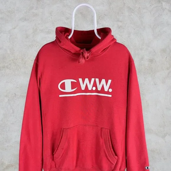 Champion by Wood Wood Hoodie Red Reverse Weave Heavyweight Mens Medium - Picture 2 of 5